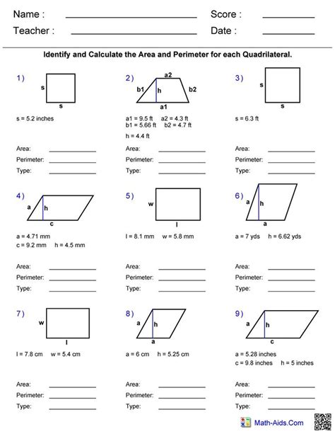 Area Of Quadrilaterals And Triangles Worksheets