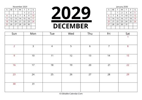 Download December 2029 Printable Calendar With Previous And Next Month, weeks start on Sunday