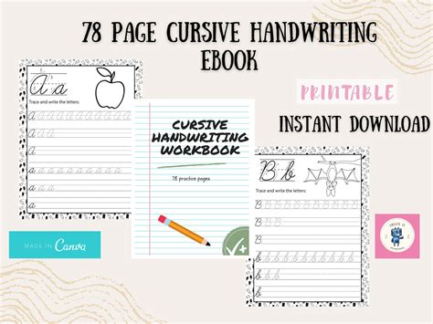 Cursive handwriting practice sheets, 78 printable handwriting workbook pages, alphabet writing ...