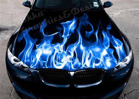 Vinyl Car Bonnet Wrap Full Color Graphics Decal Blue Fire Burning Flame Sticker - Body & Exterior