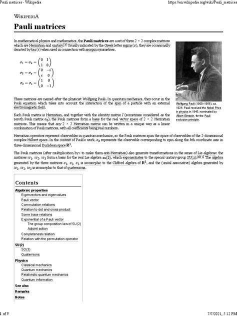 Pauli Matrices - Wikipedia | PDF | Matrix (Mathematics) | Spin (Physics)