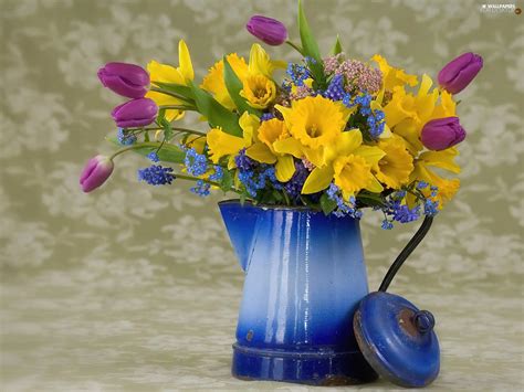 blue, jug, spring, flowers, bouquet - For desktop wallpapers: 1920x1440