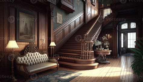 Dark gothic mansion hall in victorian style interior with staircase and lamp holders. 22060024 ...