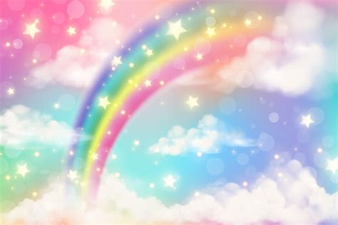 Abstract rainbow background with clouds and stars on sky. Fantasy pastel color unicorn wallpaper ...