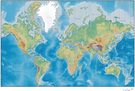 Digital Terrain World Map - Mercator Projection with Country Borders and Names in Adobe ...