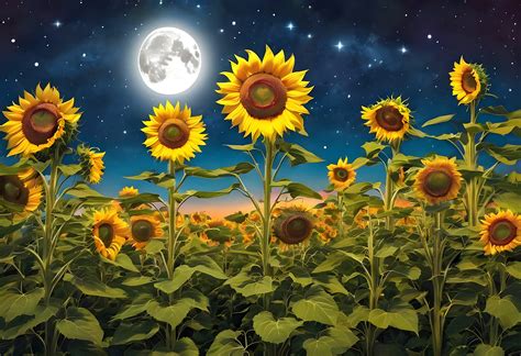 Sunflowers Full Moon Night Free Stock Photo - Public Domain Pictures