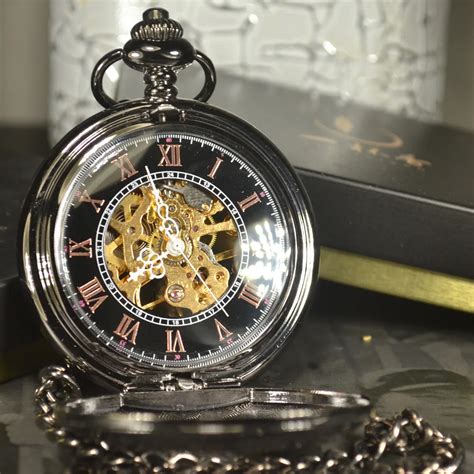 Luxury Skeleton Black Retro Antique Skeleton Mechanical Pocket Watch Men Chain Necklace Business ...