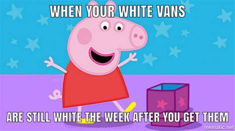 a cartoon pig standing in front of a box with the caption when your white vans are still white ...