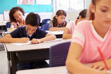 Elementary school kids working at their desks in a classroom - Stock Photo - Dissolve