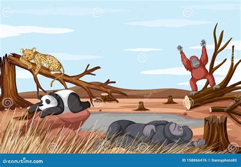 Deforestation Scene with Animals Dying from Drought Stock Vector - Illustration of nature ...