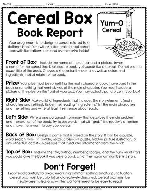 Cereal Box Book Report Template: Project Directions, Rubric & Example Idea Photo | Made By Teachers