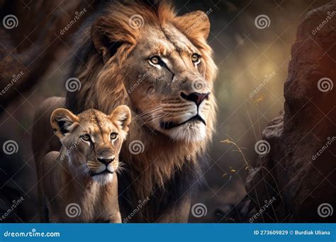 Lion with Cub in Natural Habitat. Generative AI Stock Illustration - Illustration of family ...