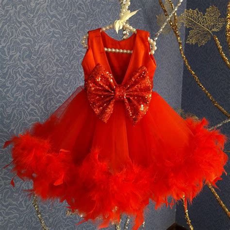 Girls Red Feather Dress, Girls Party Dress, Girls Sequin Feather Dress, Baby Party Dress, Girls ...