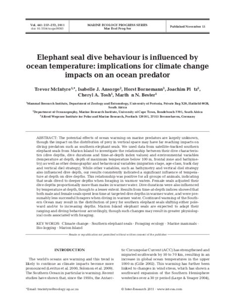 (PDF) Elephant seal dive behaviour is influenced by ocean temperature: implications for climate ...