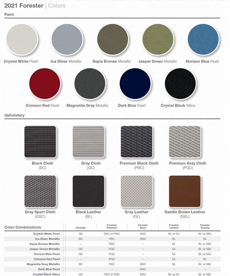 2021 Subaru Color Chart