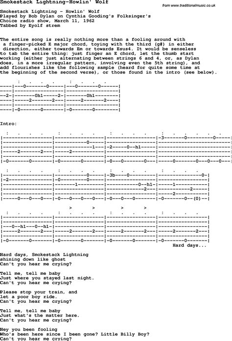 Blues Guitar lesson for Smokestack Lightning-Howlin' Wolf, with Chords, Tabs, and Lyrics