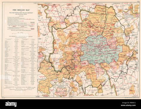 LONDON FIRE BRIGADE. Showing Fire Brigade Stations. Vintage map. BACON, 1927 Stock Photo - Alamy