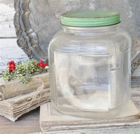 Vintage HOOSIER Glass Jar with GREEN Lid Container Farmhouse Decor Glass Gallon Jar Square Jar