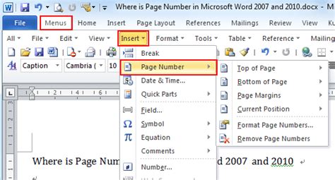 Where is the Page Number in Microsoft Word 2007, 2010, 2013, 2016, 2019 and 365