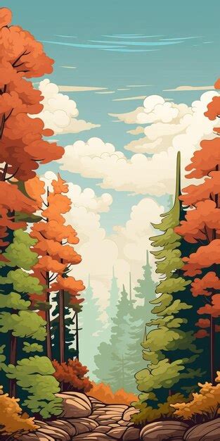 Premium AI Image | Mahogany Forest Cartoon Landscape With Autumn Trees And Rocks