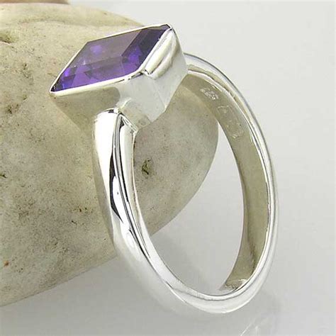 Amethyst Solitaire Ring in Silver. Large Emerald Cut Purple