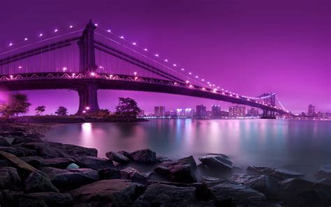 Manhattan, Brooklyn, Purple, Sea, River, Bridge, Cityscape, Night, Rock, Lights, Manhattan ...