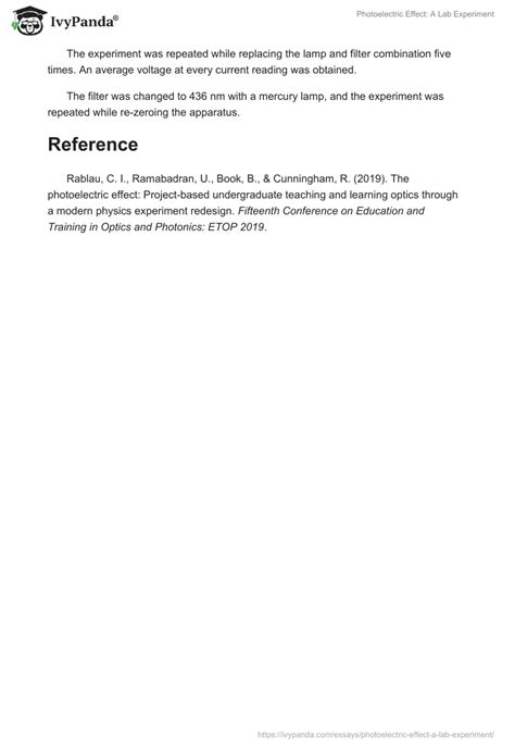 Photoelectric Effect: A Lab Experiment - 485 Words | Report Example