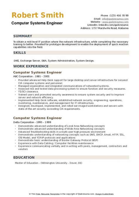 Computer Systems Engineer Resume Samples | QwikResume