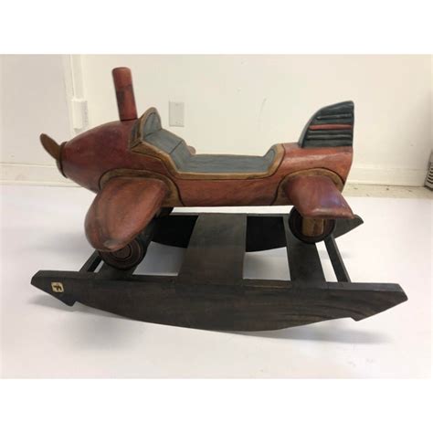 Vintage Solid Carved Wood Toy Airplane Rocking Horse | Chairish