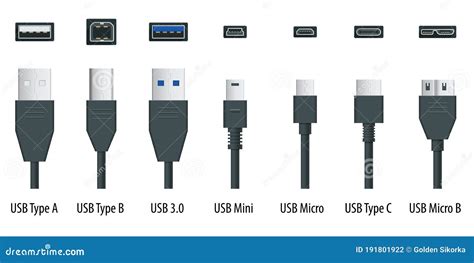 Flat Black Usb Types Port Plug in Cables Set with Realistic Connectors. Connector and Ports. USB ...