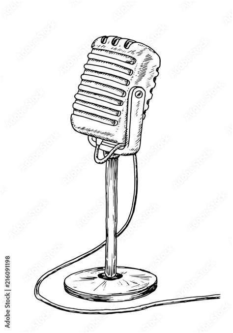 Old style microphone drawing - vintage like illustration of sound mic on white background. Stock ...