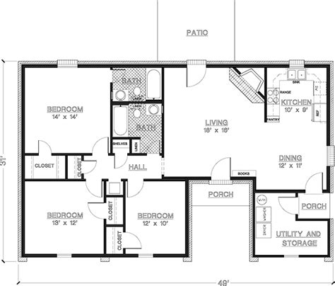 2 Bedroom House plans 1000 Square Feet | Home Plans HOMEPW26841 - 1,200 Square Feet, 3 Bedroom 2 ...