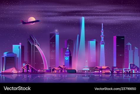 Modern city at night cartoon background Royalty Free Vector