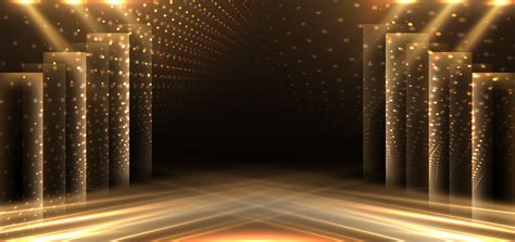 Elegant golden stage diagonal glowing with lighting effect sparkle on black background. Template ...