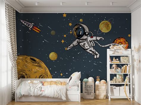 Astronaut on Space Nursery Wallpaper, Planets and Stars Kids Room Wall Mural, Galaxy Baby Room ...