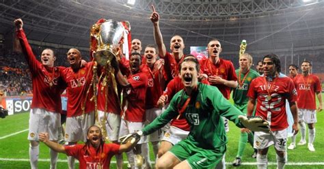 Manchester United players celebrate beating Chelsea at Luzhniki Stadium, Moscow, May 2008 ...