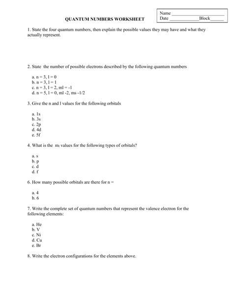 Quantum Numbers Practice Worksheet – Imsyaf.com