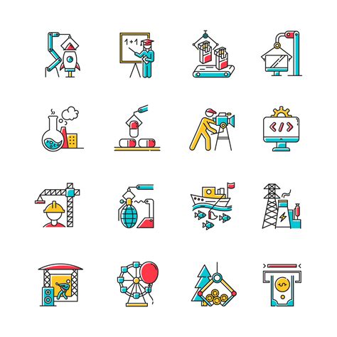 Industry types color icons set. Goods and services production. Technology development. Human ...