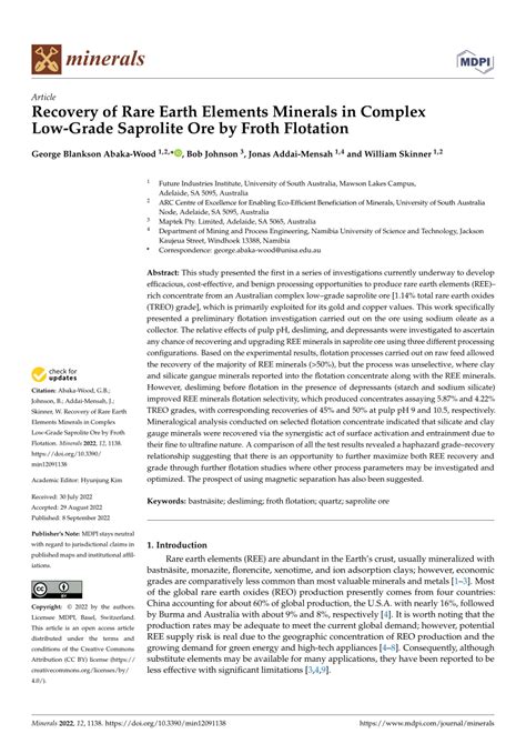 (PDF) Recovery of Rare Earth Elements Minerals in Complex Low-Grade Saprolite Ore by Froth Flotation