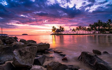 nature, Landscape, Sunset, Tropical, Beach, Clouds, Sky, Sea, Palm Trees, Rocks, Malaysia ...