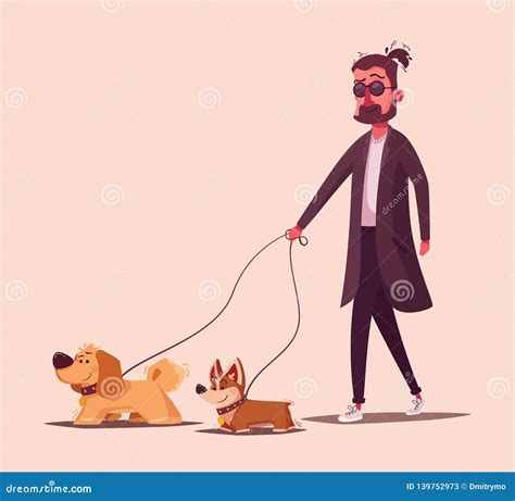 Man is Walking with a Dog. Cartoon Vector Illustration Stock Vector - Illustration of beard ...