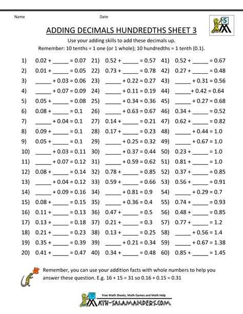 Decimal Math Worksheets Addition