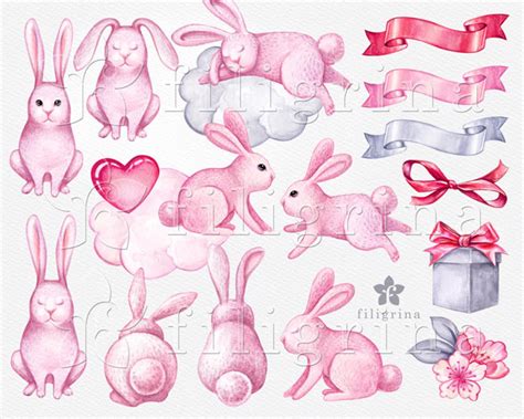 Pink BUNNIES Clip Art. Rabbit Set, Bunny, Flowers, Gift, Heart, Valentine's Day, Infant, Toddler ...