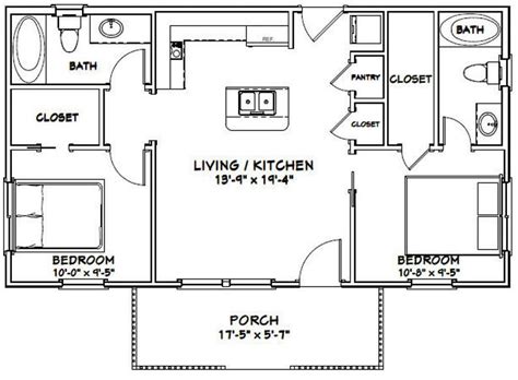 36x20 House 2-bedroom 2-bath 720 Sq Ft PDF Floor Plan Instant Download Model 3B - Etsy | Small ...