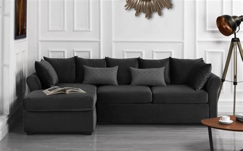 Classic L-Shape Couch Large Velvet Sectional Sofa with Extra Wide Chaise Lounge, Dark Grey ...