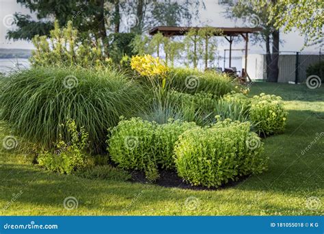 Scenic Landcape View of Ornamental Garden with Bushes and Different Plants at Countryside ...