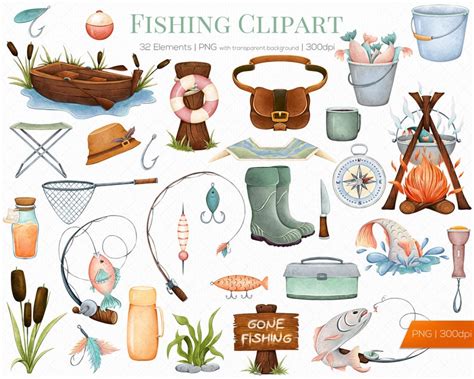 Fishing Clipart Camping Clip Art Watercolor Fishing - Etsy