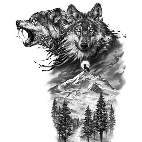 Wolf and mountains double exposure tattoo art symbol tourism travel adventure outdoor wolf howls ...