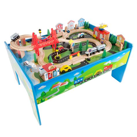 Wooden Train Set Table for Kids, Deluxe Had Painted Wooden Set with Tracks, Trains, Cars, Boats ...