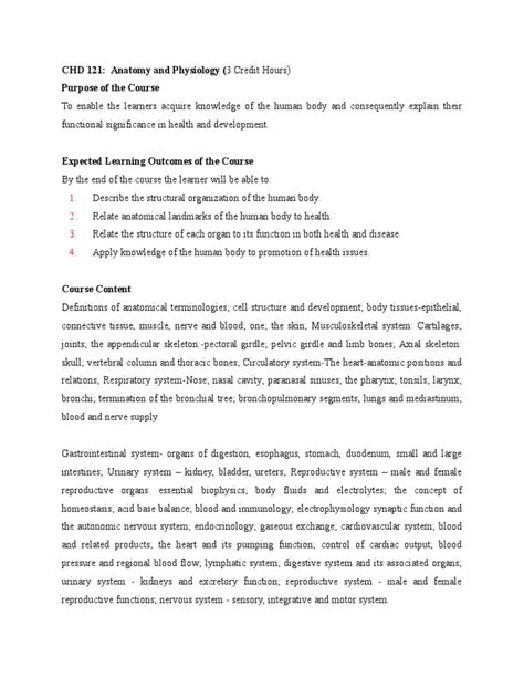 CHD 121 Anatomy and Physiology Course Outline | Human Body | Circulatory System